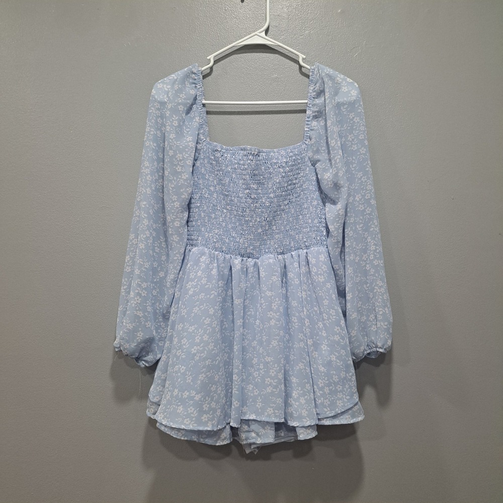 Charlotte Russe Sz LARGE Cornflower Blue Square Neck Smocked Tiered Romper Dress